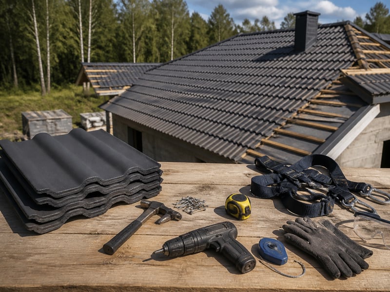 Что входит в смету: tools and materials laid out — Кровля из цементно-песчаной черепицы