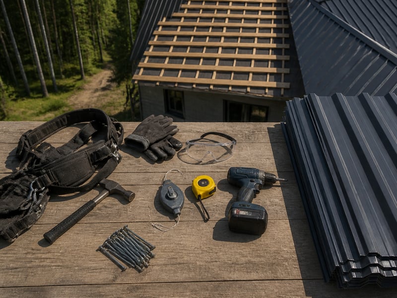 Что входит в смету: tools and materials laid out — Монтаж кровли из профнастила